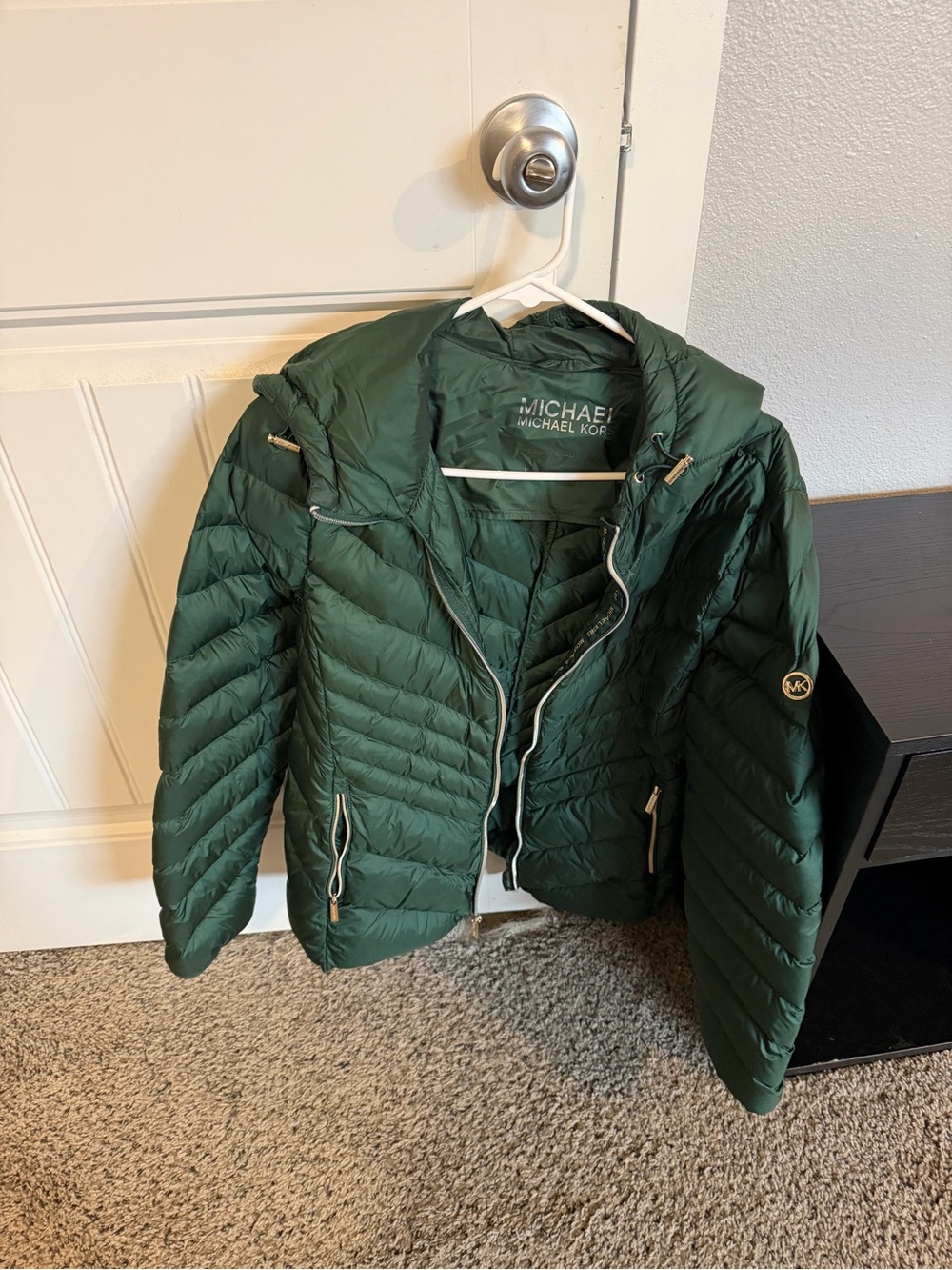 Michael Kors Dark Green Hooded Quilted Puffer Jacket
